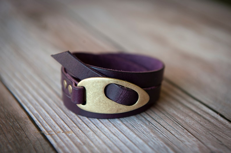 Eggplant Purple Leather Wrap Bracelet, Handmade Personalized Boho Style image 1