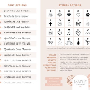 May include: A chart displaying fourteen numbered font options with the text Gratitude Love Forever, alongside a grid of twenty black symbols labelled A through T, including hearts, stars, and animals, with instructional text for custom engraving.