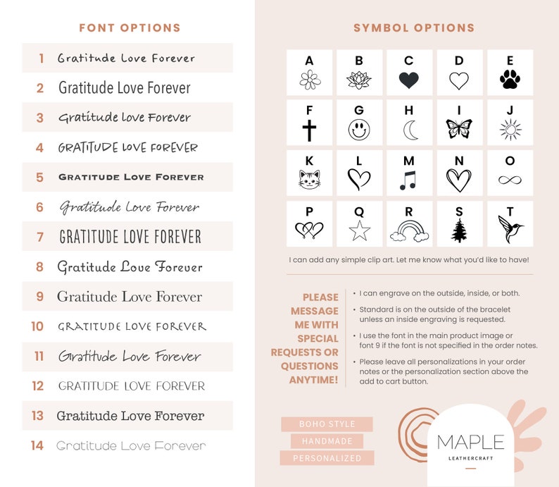 May include: A chart displaying fourteen numbered font options with the text Gratitude Love Forever, alongside a grid of twenty black symbols labelled A through T, including hearts, stars, and animals, with instructional text for custom engraving.