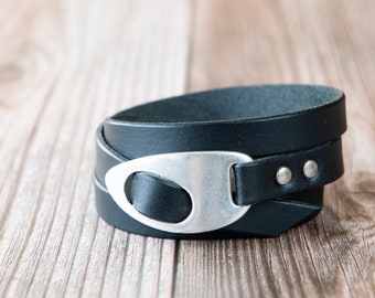 Personalized Leather Wrap Bracelet, Engrave Custom Words , Handmade, Black Leather