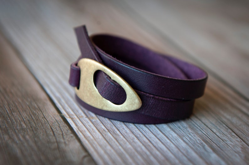 Eggplant Purple Leather Wrap Bracelet, Handmade Personalized Boho Style image 2