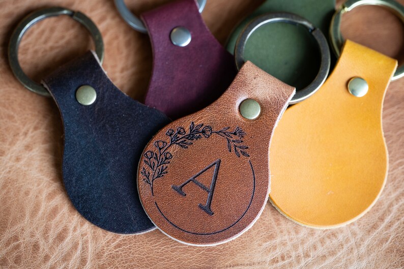 Leather Circle Keychain Initials Monogrammed Personalized Real Leather Key Ring Made In USA Custom Keyring Key Fob Gift For Her image 7