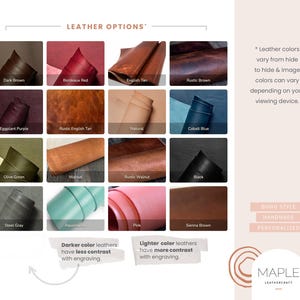 May include: A grid of sixteen leather swatches labelled Dark Brown, Bordeaux Red, English Tan, Rustic Brown, Eggplant Purple, Rustic English Tan, Natural, Cobalt Blue, Olive Green, Walnut, Rustic Walnut, Black, Steel Gray, Aquamarine, Pink, and Sienna Brown.