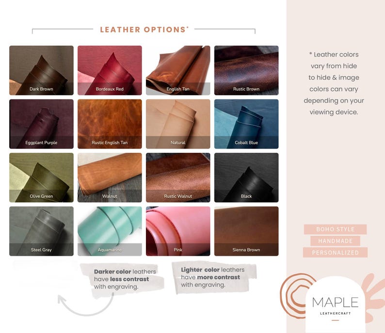 May include: A grid of sixteen leather swatches labelled Dark Brown, Bordeaux Red, English Tan, Rustic Brown, Eggplant Purple, Rustic English Tan, Natural, Cobalt Blue, Olive Green, Walnut, Rustic Walnut, Black, Steel Gray, Aquamarine, Pink, and Sienna Brown.