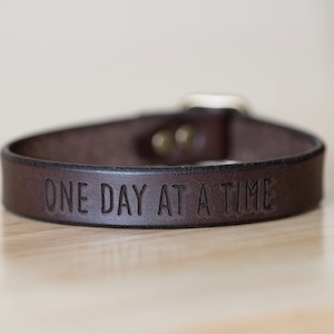 Leather Bracelet Handmade One Day At A Time Personalized Gift Affirmations Positive Vibes Mens Bracelet For Women image 1