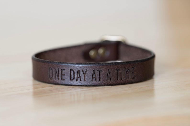 Leather Bracelet Handmade One Day At A Time Personalized Gift Affirmations Positive Vibes Mens Bracelet For Women image 1