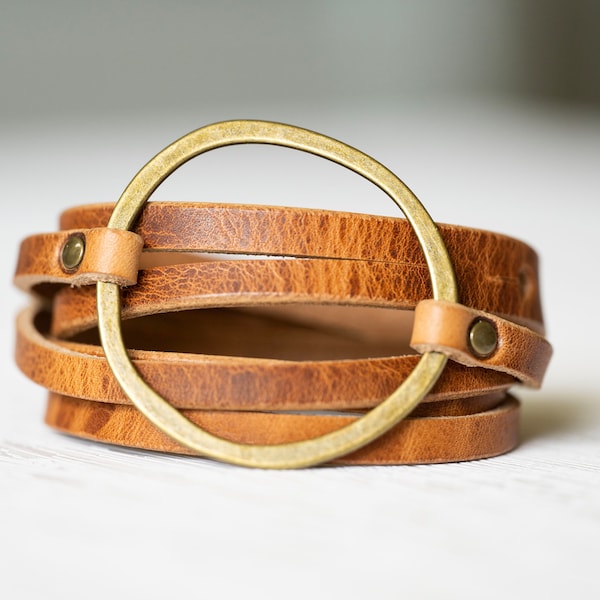 Womens Leather Bracelet Wrap | Multi-strand Boho Hoop Cuff | Rustic Walnut + Antique Brass | Handmade Jewelry Personalized Gift For Her