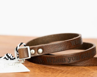 Feather Charm Leather Bracelet | Rustic brown + Silver | Personalized Engraving Custom Affirmations Gift For Her