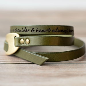 Engraved Leather Bracelet Olive Green Antique Brass Quotes Love Affirmations Handmade Gift Personalized For Her For Him image 7