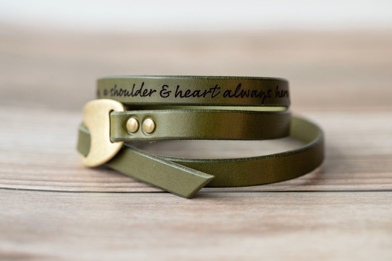 Engraved Leather Bracelet Olive Green Antique Brass Quotes Love Affirmations Handmade Gift Personalized For Her For Him image 7