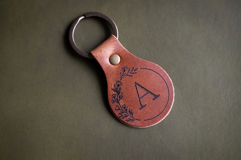 Leather Circle Keychain Initials Monogrammed Personalized Real Leather Key Ring Made In USA Custom Keyring Key Fob Gift For Her image 2