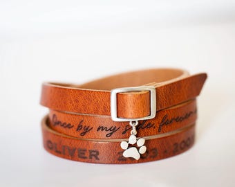 Pet Memorial Leather Bracelet: Custom Engraved Wrap Cuff with Sterling Silver Paw