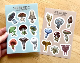 Waterproof Vinyl Mushroom Sticker Sheet Set of 2: "Shrumans" 4" x 6" Kiss Cut