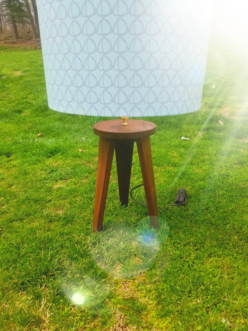 May include: A wooden tripod lamp base with a light blue lampshade featuring a geometric pattern. The lamp is on a grassy lawn.