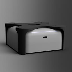 May include: A modern, two-tone device with a rounded, rectangular body. The top features a black, four-pronged design, while the main body is light gray. A thin, blue light strip and a small port are visible on the front.