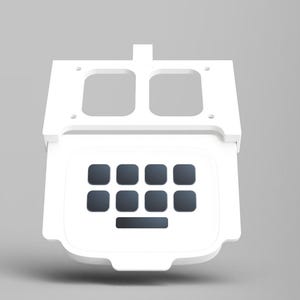 May include: White plastic keyboard with a number pad and a space bar. The keyboard is attached to a white plastic frame with two rectangular openings.