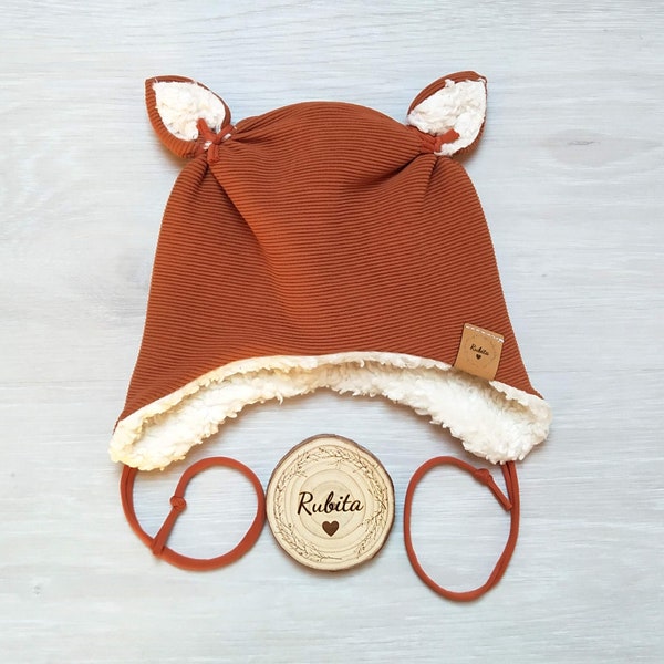 Ear hat "Fox" with cotton teddy plush, for babies and children, KU 38-58 cm, ribbed jersey