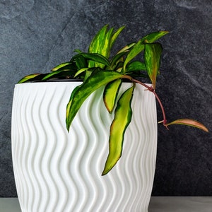 White New Wavy 5&quot; Planter with Drainage | Modern 3D printed Indoor Pot with Drip Tray