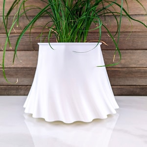 May include: A white ceramic planter with a ruffled edge, featuring a green plant with long, thin leaves.