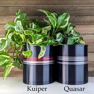 May include: Two cylindrical black planters with horizontal striped bands. The left planter, labeled Kuiper, features red and white stripes. The right planter, labeled Quasar, has blue and white stripes. A variegated green and white pothos plant sits inside.