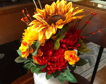 Sunflower Arrangement- Everyday Floral Centerpiece With Metal Milk Jug With Pumpkins On It Container Forever Flowers