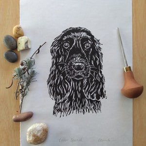 Cocker Spaniel Linocut Print in Black and Brown. - Etsy