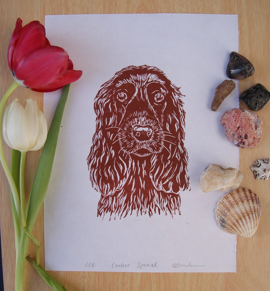 Cocker Spaniel Linocut Print in Black and Brown. - Etsy UK