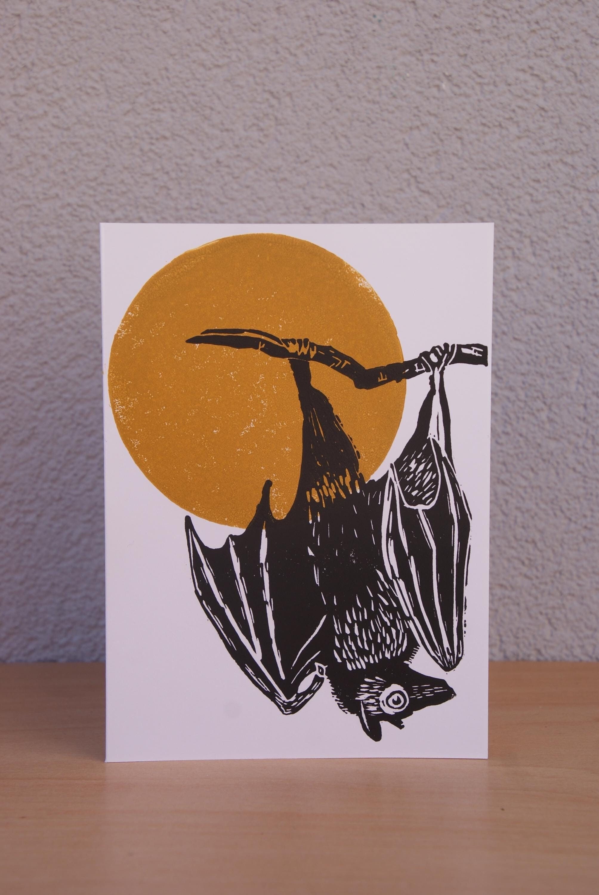 Bat and Moon Linocut Card