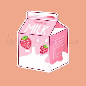 ETIQUETA de leite de morango Caixa de leite colorida pop adesivo anime desenho animado arte digital laticínios fofo kawaii estilo japonês bujo bullet journaling