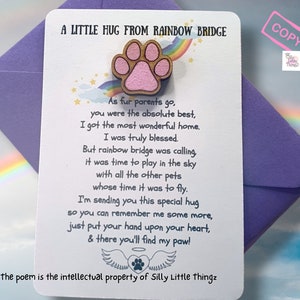 Câlin de poche | Perte d'animal de compagnie | Pont arc-en-ciel | Souvenir | Envoyez un cadeau câlin | Empreinte de patte sur mon coeur | Mort d'un animal de compagnie | carte de sympathie | Condoléances