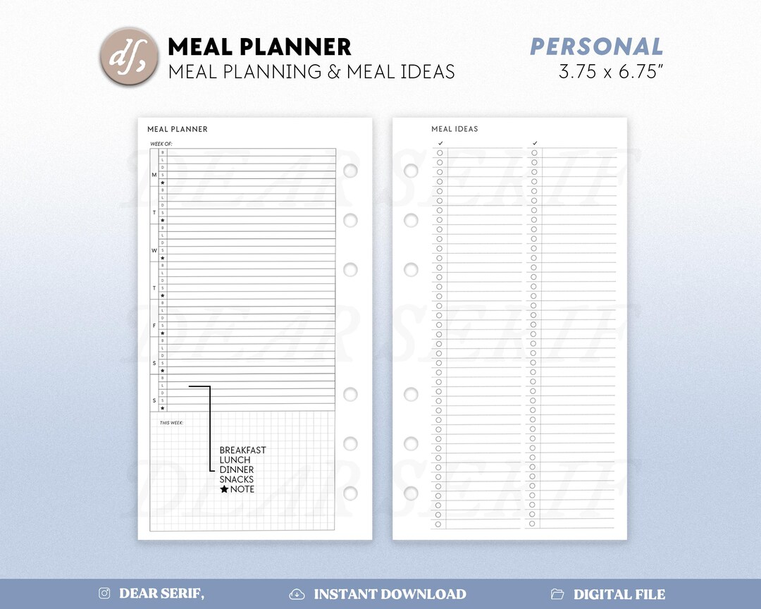 DS Meal Planner and Ideas, Personal Meal Planning Tracker, Weekly Meal ...