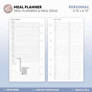 Könnte beinhalten: Druckbare Seiten für einen persönlichen Wochenplaner mit Platz für Mahlzeiten und Ideen. Die Seiten sind für einen Planer im Format 3,75 x 6,75 Zoll konzipiert. Die Seite für den Mahlzeitenplaner hat ein Raster, in das man die Mahlzeiten für jeden Tag der Woche eintragen kann. Die Seite für die Ideen für Mahlzeiten hat eine Liste mit leeren Zeilen, in die man Ideen für Mahlzeiten eintragen kann.