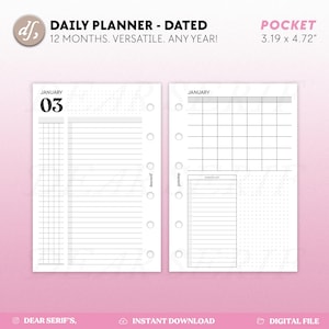May include: A printable daily planner page for a pocket-sized planner. The page is dated January 03 and includes a grid, lined section, and a checklist. The page is designed for use with a 3.19 x 4.72 inch planner.