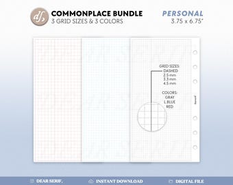 DS Personal Commonplace planner invoegbundel, persoonlijke gekleurde rasterformaten, notebook dagelijks gestreepte rasterring invoegsels afdrukbare pdf