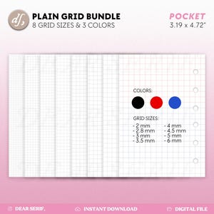 May include: A set of 8 printable grid paper sheets in 3 colors: black, red, and blue. The grid sizes are 2 mm, 2.8 mm, 3 mm, 3.5 mm, 4 mm, 4.5 mm, 5 mm, and 6 mm. The paper is designed for a pocket-sized notebook, measuring 3.19 x 4.72 inches.