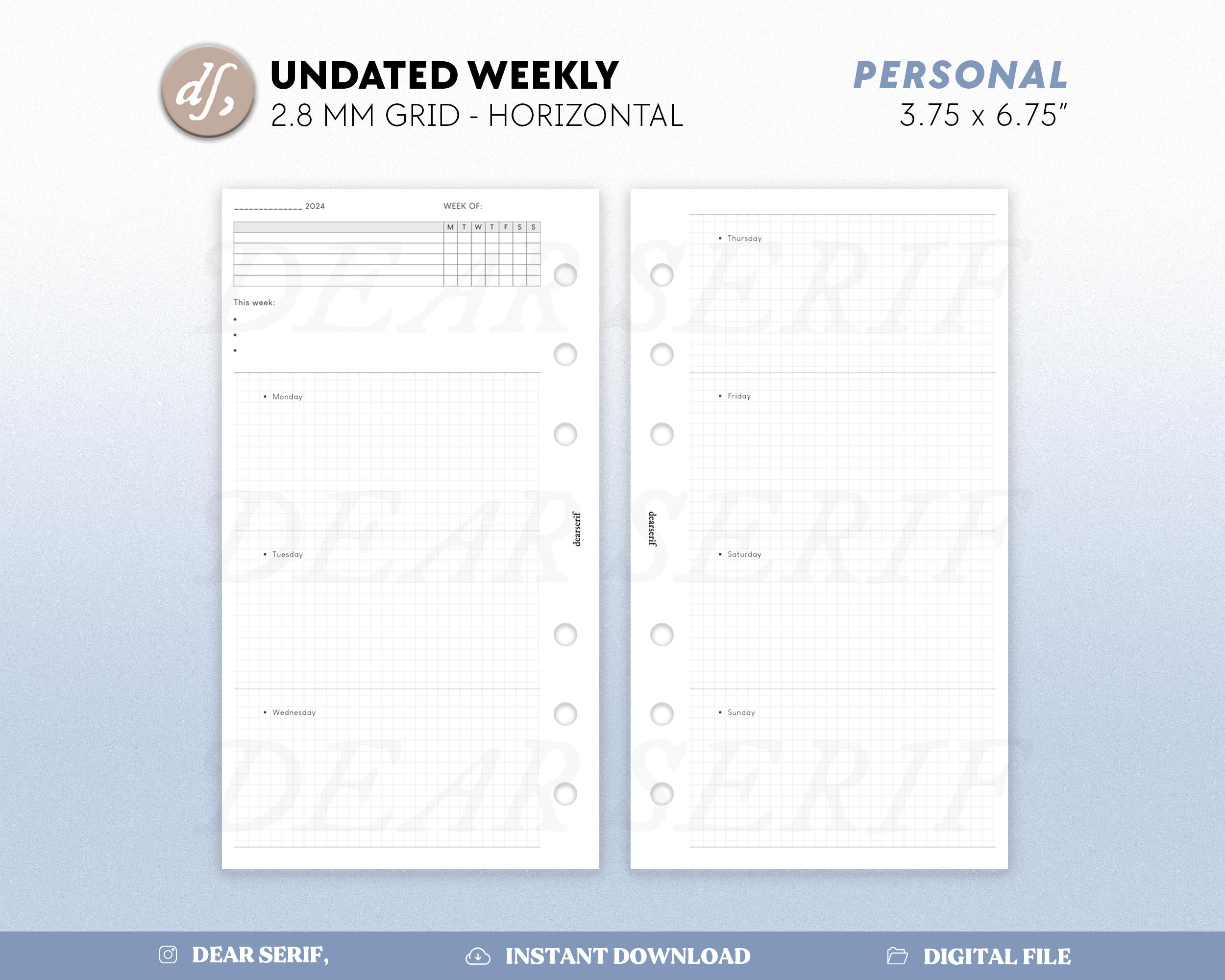 DS W6 - Undated Weekly Horizontal Grid, Personal Week Planner, Weeks Work and Study Planning Ring Inserts Printable pdf WO2P