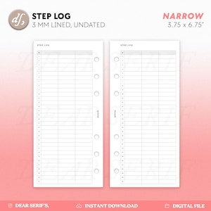 Może przedstawiać: Dwie białe strony planera dziennika kroków z różowym tłem. Strony są oznaczone jako "STEP LOG" i "3 MM LINED, UNDATED". Strony planera są wąskie, mierzą 9,5 x 17,1 cm. Każda strona ma siatkę do śledzenia kroków.