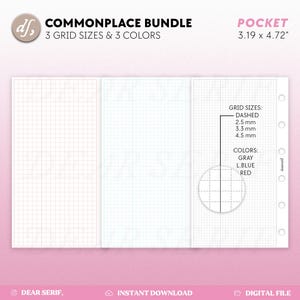 May include: A set of three printable grid paper sheets for a pocket-sized planner. The sheets are 3.19 inches by 4.72 inches and feature three different grid sizes: 2.5 mm, 3.3 mm, and 4.5 mm. The sheets are available in three colors: gray, light blue, and red.