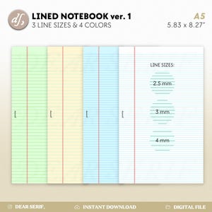 Könnte beinhalten: Vier linierte Notizbuchseiten in verschiedenen Farben: grün, gelb, blau und weiß. Die Seiten haben drei verschiedene Linienstärken: 2,5 mm, 3 mm und 4 mm. Das Notizbuch hat das Format A5, 14,8 cm x 21 cm.