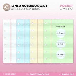 May include: Four lined notebook pages in white, light blue, yellow, and green. Each page has a different line spacing, 2.5 mm, 3 mm, and 4 mm. The text "LINE SIZES" is on the green page with circles around the line spacing measurements.