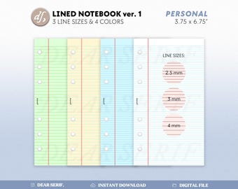 DS Personal Lined Notebook Version 1 Planner Insert, Colored Lines Various Sizes, Ring Inserts Printable pdf