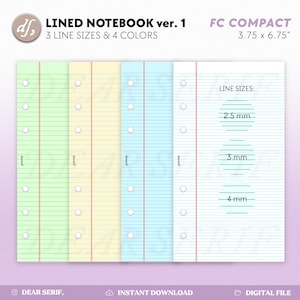 May include: Four printable lined notebook pages in green, yellow, blue, and white with red lines. The pages are designed for a compact size of 3.75 inches by 6.75 inches. The notebook pages have three different line sizes: 2.5 mm, 3 mm, and 4 mm.