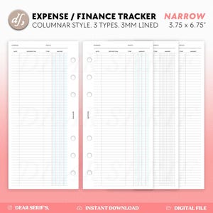 May include: Three printable expense tracker pages in a columnar style with 3mm lined grid. The pages are designed for a narrow planner with a size of 3.75 inches by 6.75 inches.