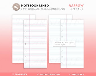 DS Narrow, Lined Notebook Plotter Narrow, Dashed Lined, Ring Planner, Notebook Lines Ring Binder Inserts Printable PDF, Digital Download