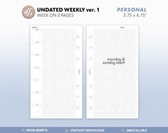 DS W1 - Personal, WO2P Personal, Week on 2 Page, Ring Planner, Weekly Daily Task Ring Binder Inserts Printable PDF, Digital Download