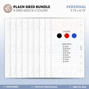 May include: A digital printable planner page with a plain grid pattern in black, red, and blue. The page includes 8 grid sizes: 2 mm, 2.8 mm, 3 mm, 3.5 mm, 4 mm, 4.5 mm, 5 mm, and 6 mm. The page is sized for personal use at 3.75 inches by 6.75 inches.