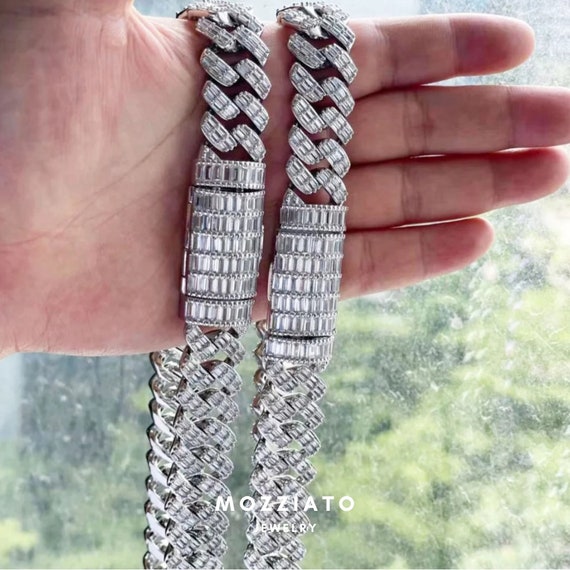 925 Sterling Silver Bling Out Iced Lab Diamond Baguette 19mm Cuban Link Bracelet 