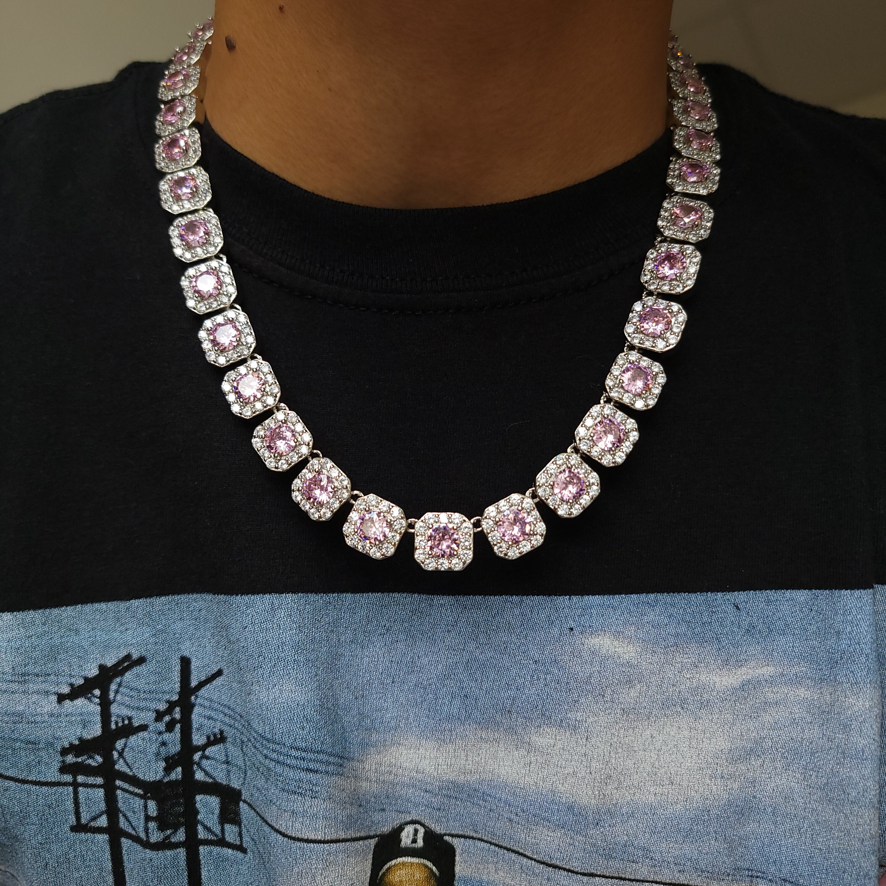 12mm Pink Clustered Tennis Necklace 