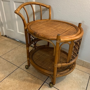 Vintage 1970 2 Tier Bamboo Rattan Rolling Bar Storage Cart