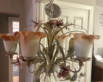 Vintage Toleware 6 Arm Chandelier Girls Room Pink Lilly Floral Cottagecore 26 x 16
